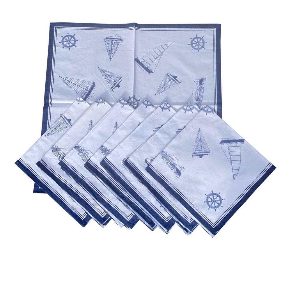 1990s Maritime Blue & White Printed Cotton Dinner Napkins - Set of 8